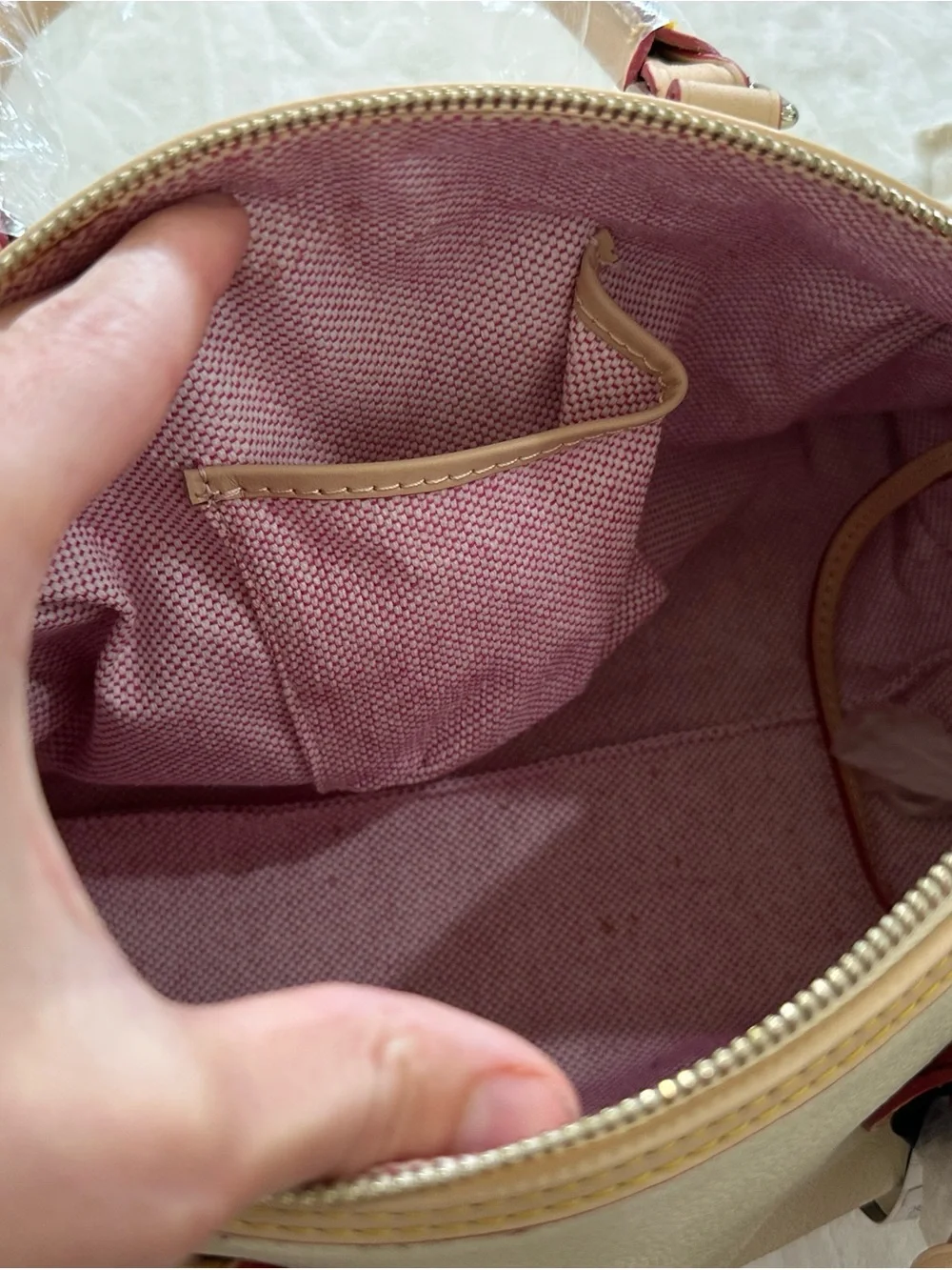 Dooney & Bourke Cream Leather Satchel with Tan Trim and Navy Tag Accent